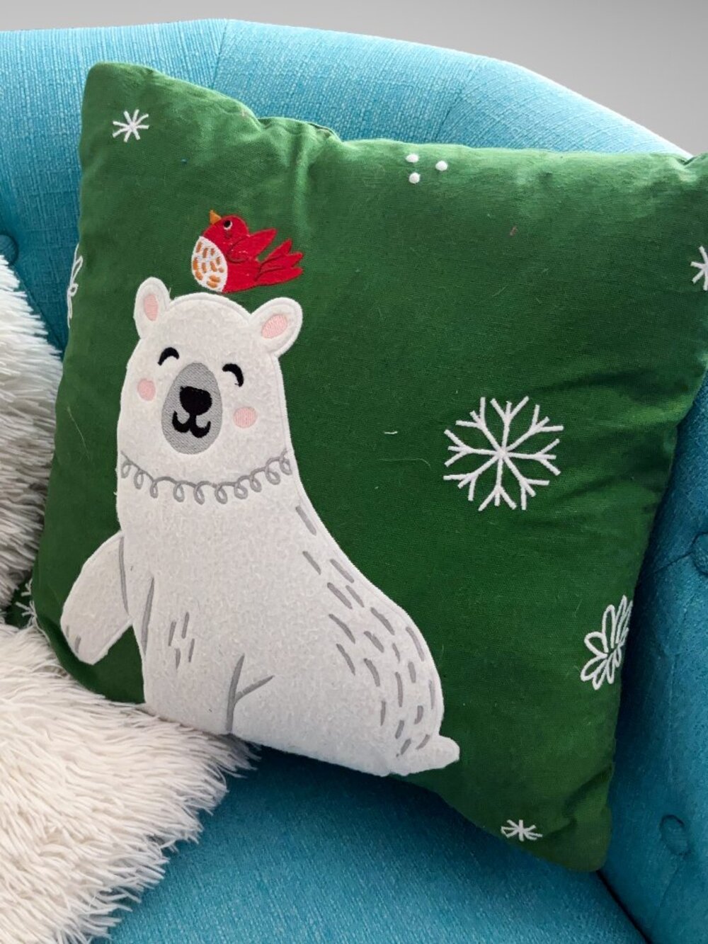 Christmas Winter Happy Polar Bear Cardinal & Snowflakes Holiday Throw Pillow 15"